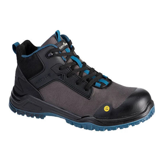 Portwest ESD munkavédelmi bakancs FX2 Bevel Composite Mid Boot S3S SR FO fekete/tengerzöld